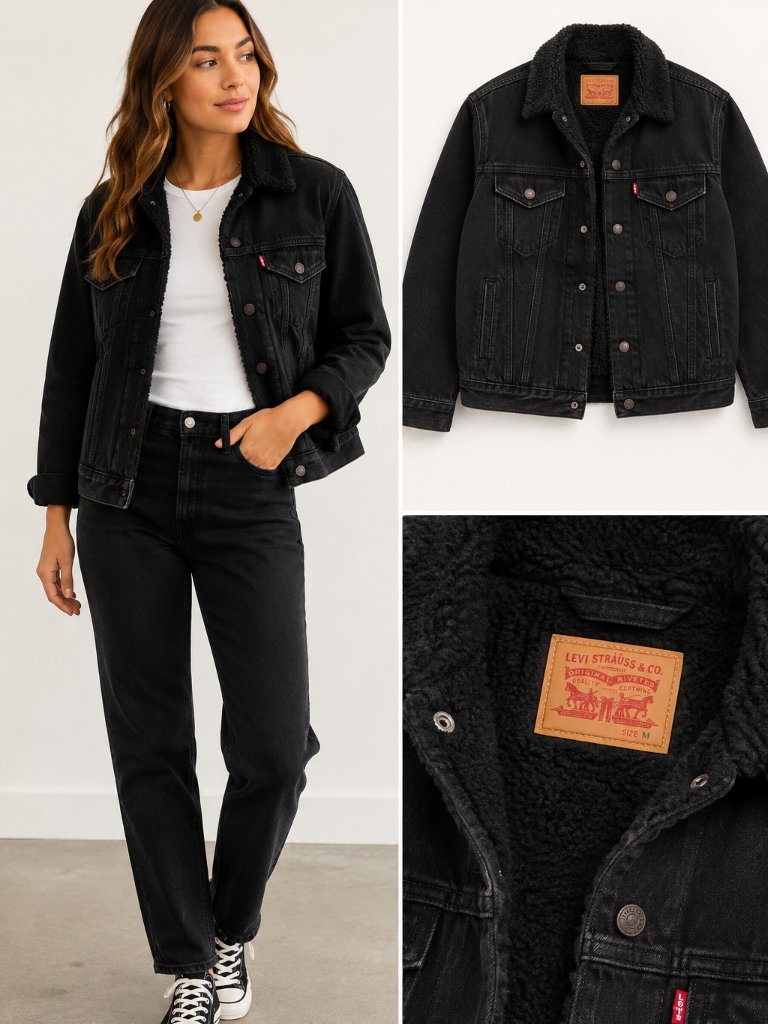 Levi's Black Sherpa Ex-Boyfriend Trucker Jacket Women's Size M Denim Coat